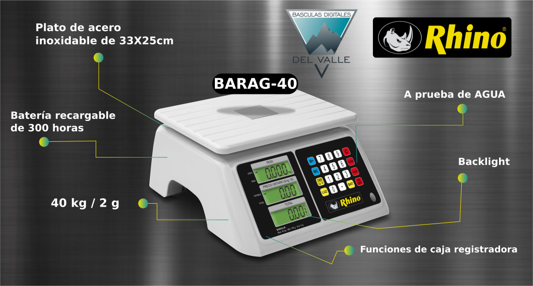 Báscula de mostrador 40 kg / 2 gramos de precisión / Funciones de caja  registradora / Displays de precio, peso y total – Basculas Digitales Del  Valle